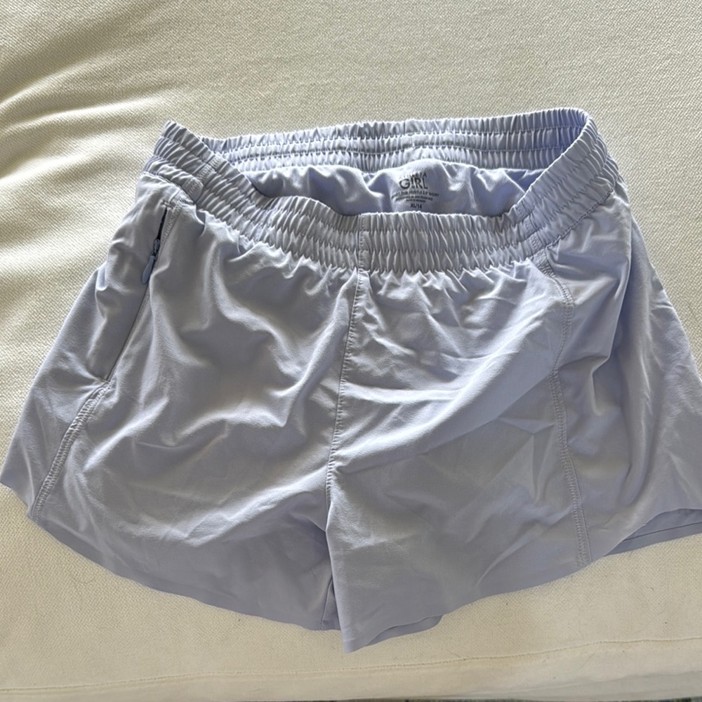 Athleta Girl Light Blue/Purple Heart the Hustle 2.5” Athletic Shorts, size xl/14